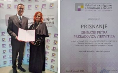 Veliko priznanje Gimnaziji Petra Preradovića Virovitica od Fakulteta za odgojne i obrazovne znanosti Sveučilišta u Osijeku